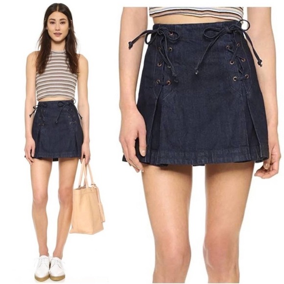 FREE People Y2K Dark Denim Lace Up Pleated Mini Skirt Size 2 - Picture 1 of 11
